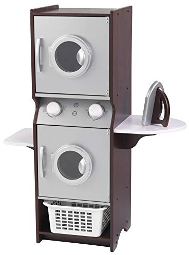 KidKraft Laundry Playset Children's Pretend Wooden Stacking Washer and Dryer Toy with Iron and Basket, Espresso, Gift for Ages 3+