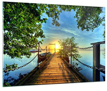 Moderne Impression sur Verre 100x70cm Image Tableau en Verre Decoration Murale Lac coucher de soleil bateau paysage Grand Tableaux Decoratifs Muraux Chambre Horizontal Deco Salon Art GAA100x70-2573