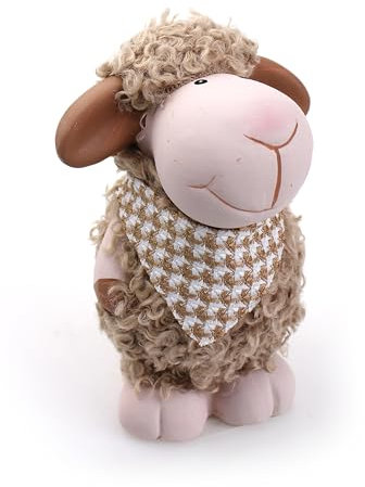 TEMPELWELT® Deko Figur Schäfchen Schaf mit Halstuch 13 cm, Ton mit Kunstfell braun weiß, Lämmchen Wollschaf Dekofigur Tierfigur für Frühling Ostern Sommer