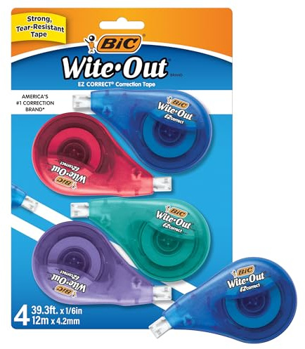 BIC Wite-Out EZ Correct Correction Tape, White, No Dry Time, Tear Resistant Tape, 4-Count