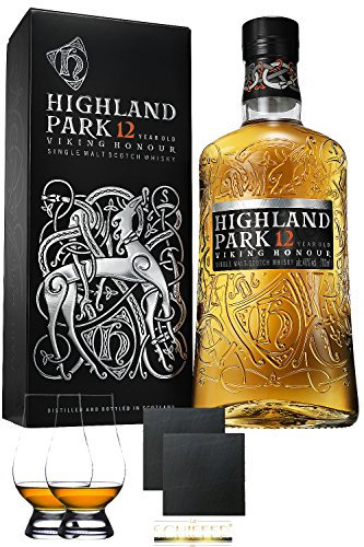 Highland Park 12 Jahre Single Malt Whisky Islands 0,7 Liter + 2 Glencairn Gläser + 2 Schiefer Glasuntersetzer ca. 9,5 cm Durchmesser