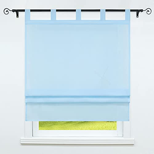 CORLIF Voile Raffrollo mit Schlaufen Küche Raffgardinen Landhaus Schlaufenrollo Vorhänge Transparent Hellblau BxH 80X140cm 1er Pack