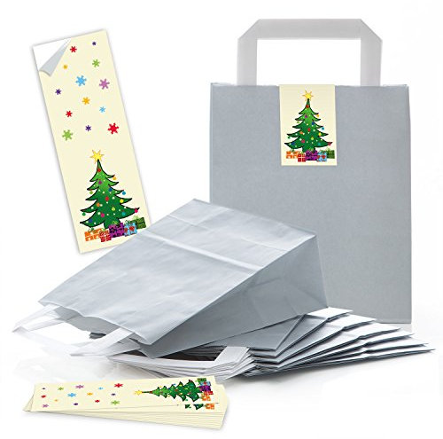 Logbuch-Verlag 25 kleine graue Papiertragetaschen mit Henkel + Weihnachtssticker Christbaum grün gelb - Verpackung 18 x 8 x 22 cm weihnachtlich
