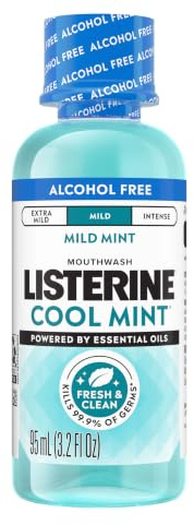 Listerine Cool Mint Alcohol-Free Mild Mouthwash, Oral Rinse Kills 99.9% of Germs that Cause Bad Breath, Less Intense Taste, Mild Mint Flavor, 3.2 fl. oz