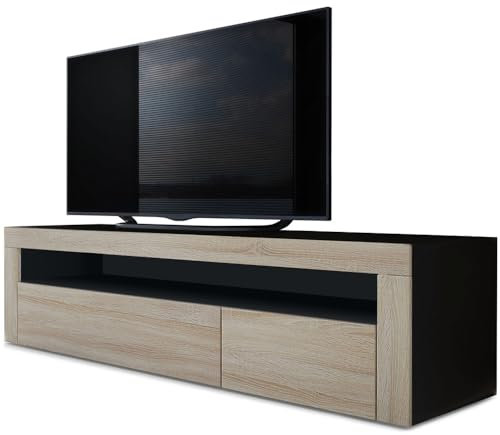 Vladon Lowboard Valencia, Made in Germany, TV-Kommode mit 1 offenem Fach und 2 Klappen, Schwarz matt/Eiche sägerau/Eiche sägerau (155 x 46 x 40 cm)