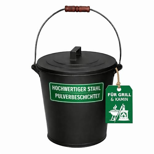 GRILLPAUL Ascheeimer 11L mit Deckel und Tragebügel, Metall Asche Eimer für Grill & Kamin Ofen, Metalleimer Kaminzubehör Grilleimer Kohle Pellets, Grillzubehör Grill Kohleeimer Aschetonne
