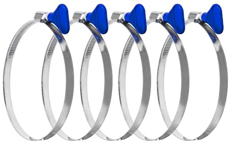 POWERTEC 70120 4 Inch Key Hose Clamp, Thumb Screw Key Adjustable Stainless Steel Hose Clamps for Dust Collection and Dryer Vent Hose, 5 Pack