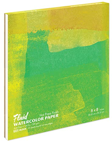 Fluid Artist Watercolor Block, 140 lb (300 GSM) Hot Press Paper Pad for Watercolor Painting and Wet Media with Easy Block Binding, 8 x 8 inches, 15 White Sheets