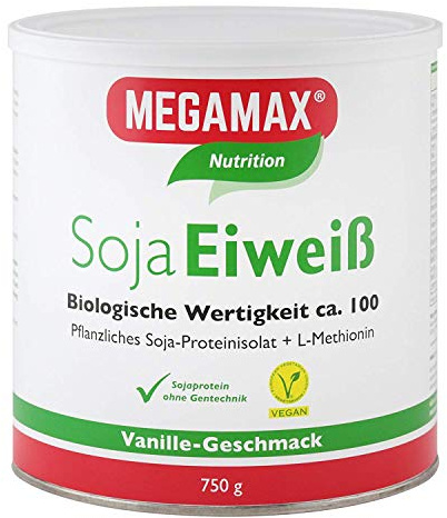 MEGAMAX Soja Eiweiß Vanille 750 g + Taurin + L-Methionin Glutenfrei - Sojaeiweiß-Isolat Low Carb - pflanzliches Eiweiss, Laktosefrei, Aspartamfrei - Veganes Protein für Muskelaufbau u. Muskelerhalt