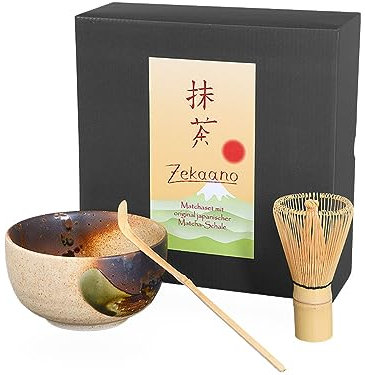 Matcha Set - Original japanische Matcha-Schale (Chawan) beige/braun handglasiert, Matcha-Besen (Chasen) und Bambus-Löffel (Chashaku)