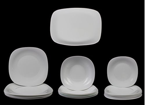 Soft Squared Parma Dinner Service Set in Brilliant White with 6X Dinner Plates, 6X Soup/Dessert Bowls, 6X Side Plates and 1x XL Serving Platter (19 Pieces)