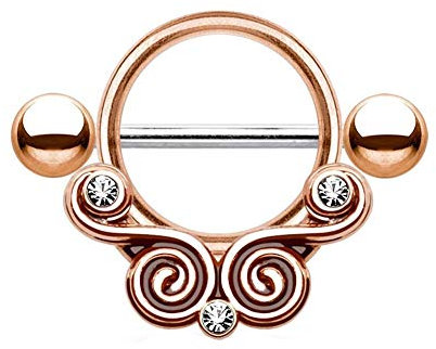 Paula & Fritz® Brustwarzen-Piercing Brustpiercing Frau Maenner Intimpiercing Mann Nippelpiercing Gold Rosé Hämatit Silber Ring Wirbel Zirkonia clear Edelstahl Chirurgenstahl 316L K15777_RDC