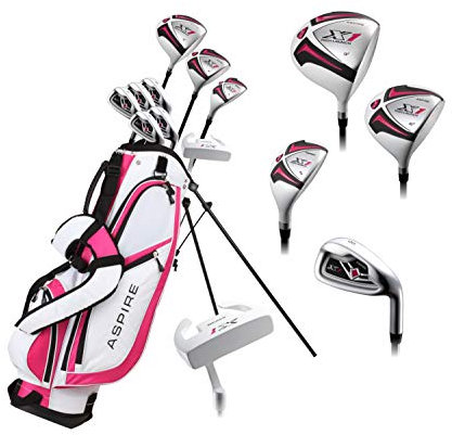 Aspire 1 set completo di mazze da golf da donna per destrorsi, include driver, fairway, ibrido, ferri da 6 PW, putter, borsa con supporto, 3 H/C, rosa ciliegia, dimensioni minime per donne da 1,5 m e