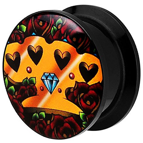 Piersando Ohr Plug Piercing Kunststoff Motiv Comic Picture Flesh Tunnel Ohrplug mit Schlagring Diamant Herzen 16mm