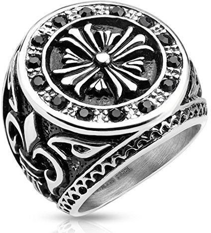 BlackAmazement Edelstahl Ring Kelten Kreuz Onyx Schwarz Kristall Siegel Gothic Fantasy Royal (65 (20.7))