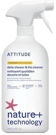 ATTITUDE Shower & Tile Cleaner, EWG Verified, Plant-Based & Vegan Bathroom Spray, Removes Soap Scum & Grime, Citrus Zest Scent, 800 mL