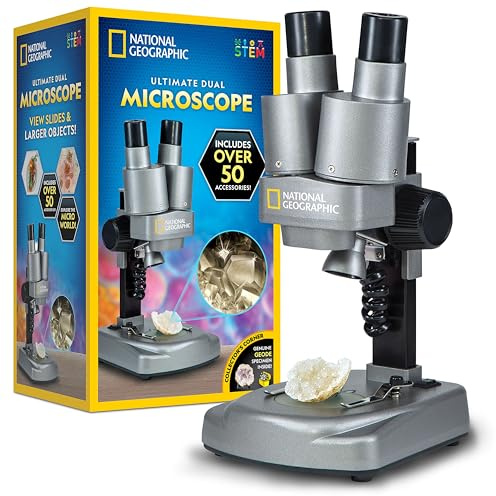 National Geographic Dual LED Kids Microscope - 50+ pc Science Kit with 10 Prepared Slides & 10 DIY Blank Slides, Biology Experiment Activity, Microscope Kit for Kids 8-12 (Amazon Exclusive)
