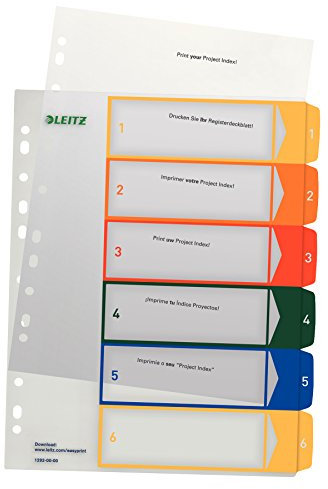 Leitz Register für A4, PC-beschriftbares Deckblatt und 6 Trennblätter, Taben mit Zahlenaufdruck 1-6, Überbreite, Weiß/Mehrfarbig, Polypropylen, 12920000