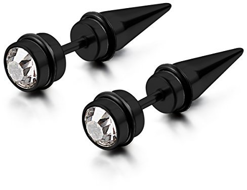 Flongo Edelstahl Gestüt Stecker Ohrringe Ohrstecker Ohrhänger Strass Schwarz Screw Spike Spitze Schraube Fake Plug Taper Kegel Herren