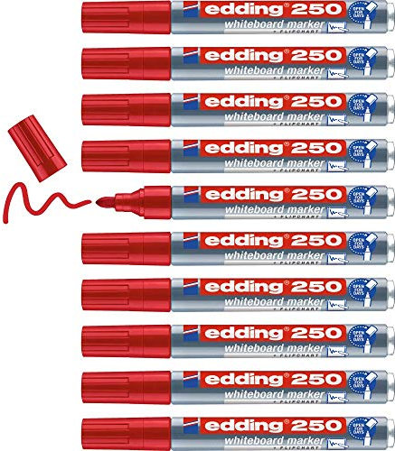 edding 250 Whiteboardmarker - rot - 10 Whiteboard Stifte - Rundspitze 1,5-3 mm - Boardmarker abwischbar - für Whiteboard, Flipchart, Magnettafel, Pinnwand, Memoboard - Sketchnotes - nachfüllbar