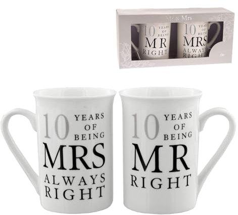 Amore 10th Wedding Anniversary Set of 2 China Mugs 'Mr Right & Mrs Always Right' (WG67710)