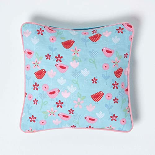 Homescapes Baumwoll-Kissenhülle mit Vogel- und Blumen-Muster, Zierkissenbezug 30 x 30 cm, dekorativer Kissenbezug für Zierkissen/Sofakissen mit Reißverschluss, blau-rosa-rot