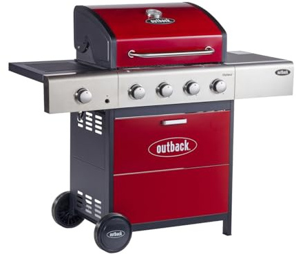 Outback Jupiter Hybrid - 4 Burner Gas & Charcoal BBQ Grill with Chopping Board - Red