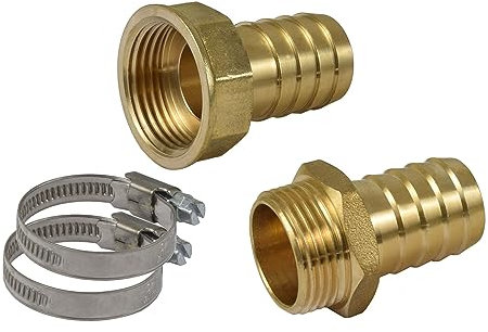 Agora-Tec® Schlauchanschluss Set für 1 Zoll (25,4mm) Schlauch mit 2 Messing Schlauchtüllen 1 Zoll AG (33,3mm) und 1 Zoll IG (30,3mm), 2 Edelstahlschlauchschellen und 2 Meter Gewindefaden