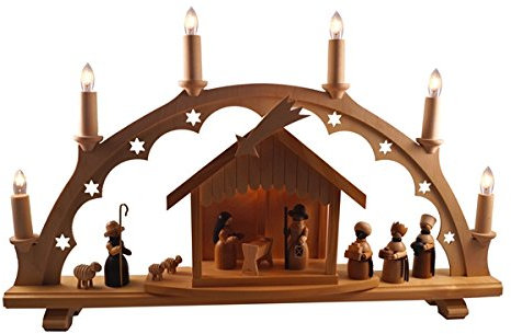 Rudolphs Schatzkiste Schwibbogen Christi Geburt und Beleuchtung Höhe=53cm NEU Schwibbogen Seiffener Kirche elektrisch Natur 63 cm