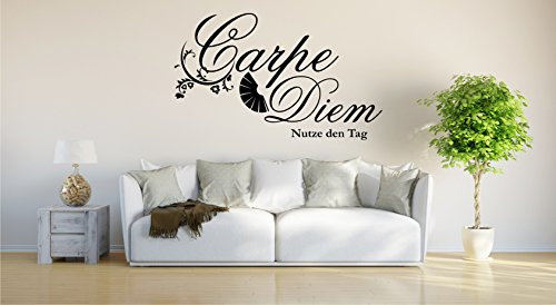 INDIGOS UG - Wandtattoo Wohnzimmer - Wandaufkleber Carpe Diem - Genieße den Tag - 180x114cm schwarz E933 - Aufkleber Kinderzimmer Schlafzimmer Küche Badezimmer Büro Dekoration