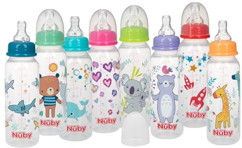 Nuby Printed Non-Drip Bottle, 1 Pack of 1 Bottle, 8 Ounce, Colors May Vary