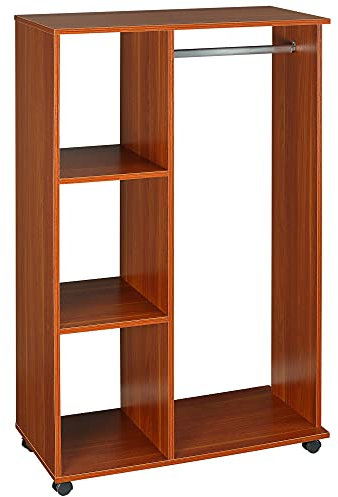 HOMCOM Open Wardrobe on Wheels with Clothes Rail, Bedroom Clothes Storage with Hanging Rod, 3 Storage Shelves, Mobile Garment Rack for Cloakroom, Hallway, Walnut