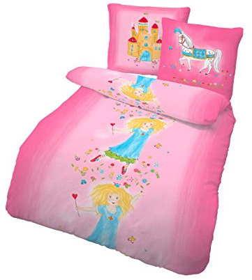 Dobnig Prinzessin Bettwäsche 135x200 | Kinderbettwäsche aus 100% Baumwolle | Kuschelige Bettwäsche mit Pferd und Ritterburg | Biber Bettbezug 135x200 cm & Kissen 80x80