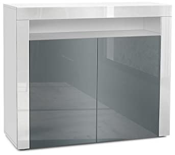 Vladon Buffet Valencia, Commode avec 2 Portes et 1 Compartiment Ouvert, Blanc Mat/Gris Haute Brillance/Blanc Haute Brillance (108 x 92 x 40 cm)