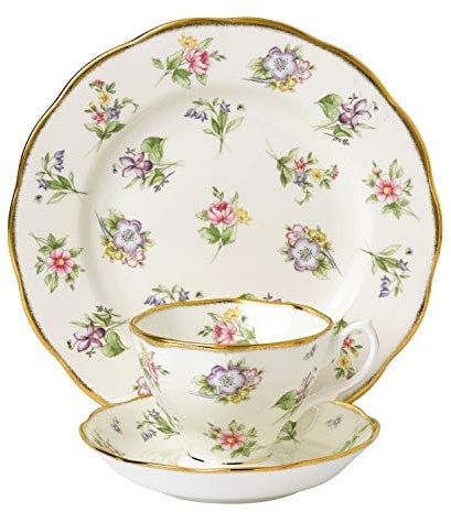 Royal Albert 106 100 Years 40017588 1920 Spring Meadow-Taza de té, platillo, Plato de 20 cm, Juego de 3 Piezas, Porcelana de Ceniza de Hueso, 3 Count (Pack of 1)