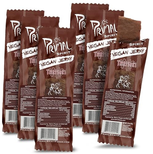 Primal Strips Teriyaki Vegan Jerky Pack of 6 (28gm) – Delicious Meat Alternative Healthy Snacks – Non-GMO, High Protein, Traditional Vegan Snacks