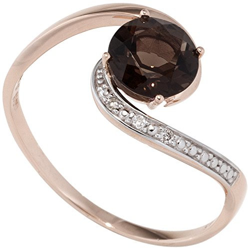 Jobo Damen-Ring aus 14 Karat 585 Rosegold mit Rauchquarz und 3 Diamanten Größe 52