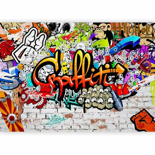 Papier peint murando panoramique artistique 300x210 cm - Revêtement mural décoration salon - Design moderne - Rouge gris jaune - Artistique graffiti coloré urbain mural adolescent f-A-0348-a-b