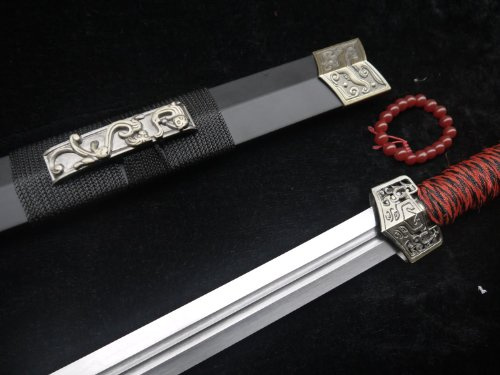 longquan sword 40 Chinese Han Jian Tai Chi Sword, Heat Tempered Carbon Steel Blade with Dual Fullers, Martial Arts Training Broadsword with Matte Black Scabbard, Unsharpened