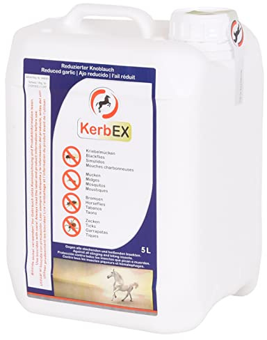 KerbEX blau - 5 Liter - Insektenabwehrmittel für Pferde bei mittlerem Insektenbefall – Mit reduziertem Knoblauch, langanhaltender Schutz gegen Bremsen, Mücken, Kriebelmücken und Zecken