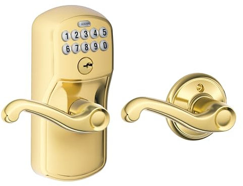 Schlage Electronic Keypad Lock, Lever Handle, Camelot Trim, Bright Brass