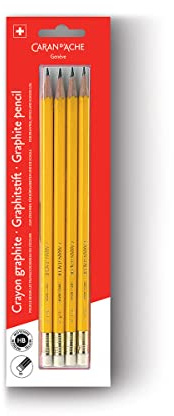 Caran d'Ache 0351.372 Pencils Pack of 4 Wood Yellow with Eraser HB Blister Packaging Size: Approx. 14 cm Multi-Coloured