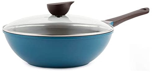 Neoflam Wok (Chef's Pan) with Glass Lid - 12-inch Ceramic Nonstick in Deep Blue by