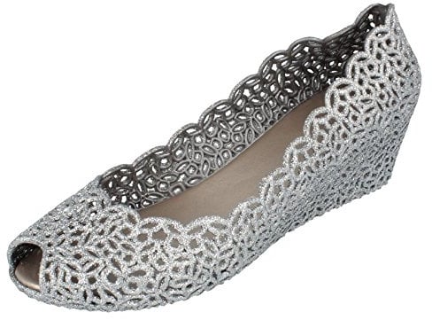 Ladies Savannah Slip On Open Toe Ballerina Shoes - Silver - UK Size 6 - EU 39 - US Size 8