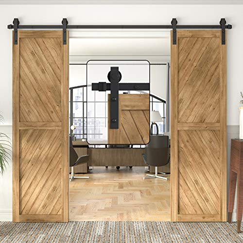 WINSOON 230cm Sliding Door Track Heavy Duty Barn Double Door Sliding Kit Sliding Barn Wood Door Hardware Closet Kit, Carbon Steel, J Shape Hanger