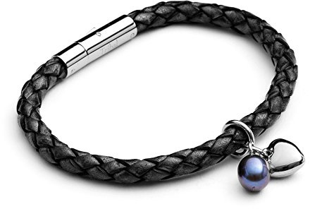 Tribal Steel Women's Black Leather Charm Bracelet with Freshwater Pearl Charm - Ladies 19cm Leather Bracelet with Pearl & Stainless Steel Heart Charm, Extra Secure Riveted Lever Clasp