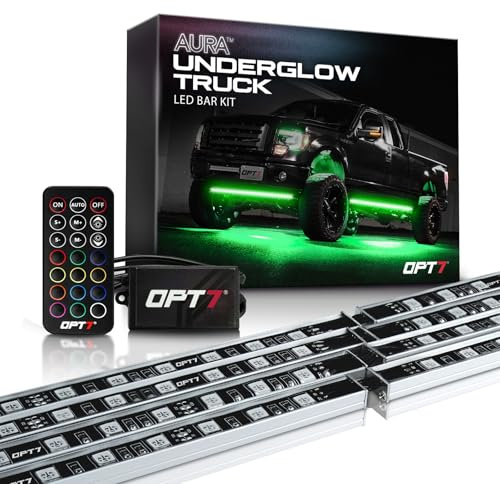 OPT7 Aura Aluminum Underglow LED Lighting Kit for Truck with Remote Control, RGB Multicolor Undercar Decor, Waterproof, Soundsync, Door Assist, 12V