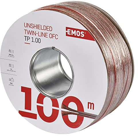 EMOS Speaker Cable, 100m, 2x1mm2, OFC Copper, Unshielded Two-Wire, for Hi-Fi Systems, Surround Systems, LED Strips, Transparent