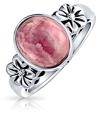 Bague de mode bohème en argent sterling .925 avec pierre précieuse ovale en rhodochrosite rose et bordure fleurie pour femmes et adolescentes.