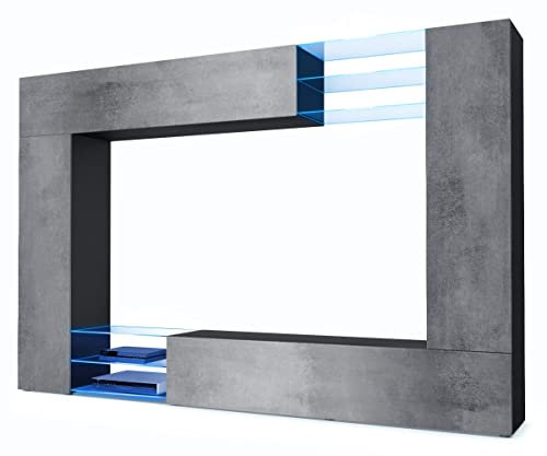 Vladon Wohnwand Mirage, Made in Germany, Anbauwand mit Rückwand mit 2 Türen, 2 Klappen und 6 offenen Glasablagen, Schwarz matt/Beton Dunkel Optik, inkl. LED-Beleuchtung (262 x 183 x 39 cm)